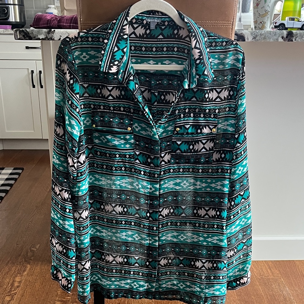 Charlotte Russe Teal and Black Patterned Button Down Shirt